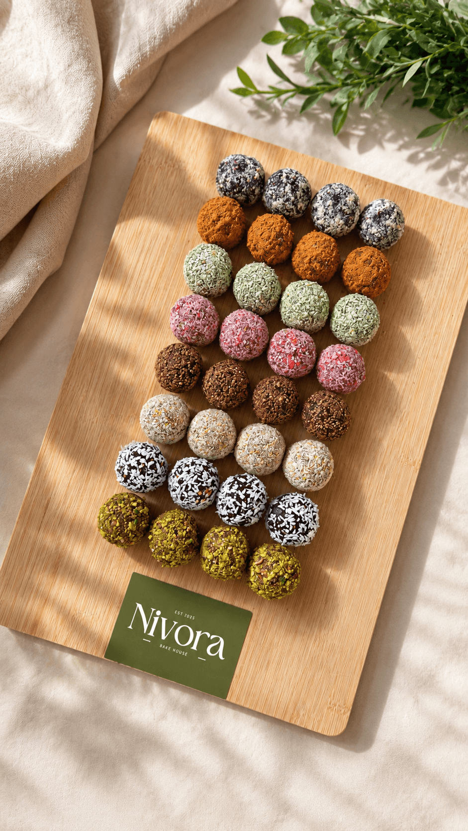 Assorted Nivora bliss balls arranged on a branded wooden board