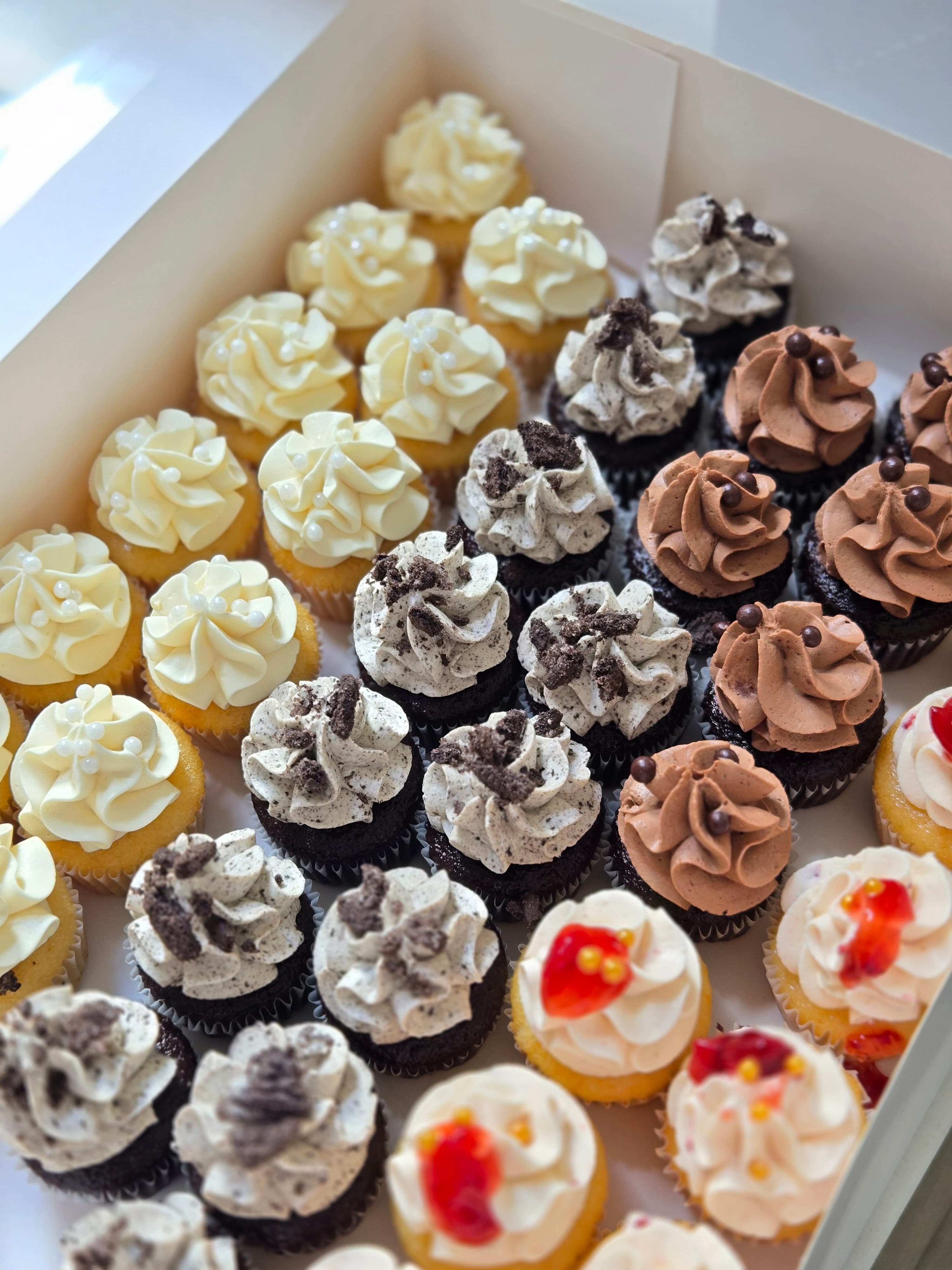 Box of mini cupcakes in vanilla, cookies and cream, chocolate, and fruit flavors