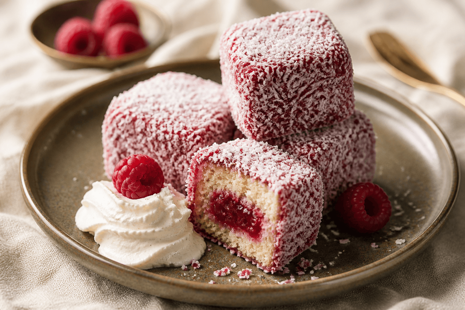 Raspberry lamingtons rolled in coconut